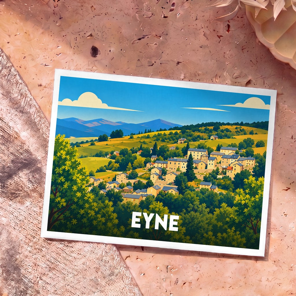 Carte postale souvenir de la ville d'Eyne avec une illustration stylisée d'un village de montagne.