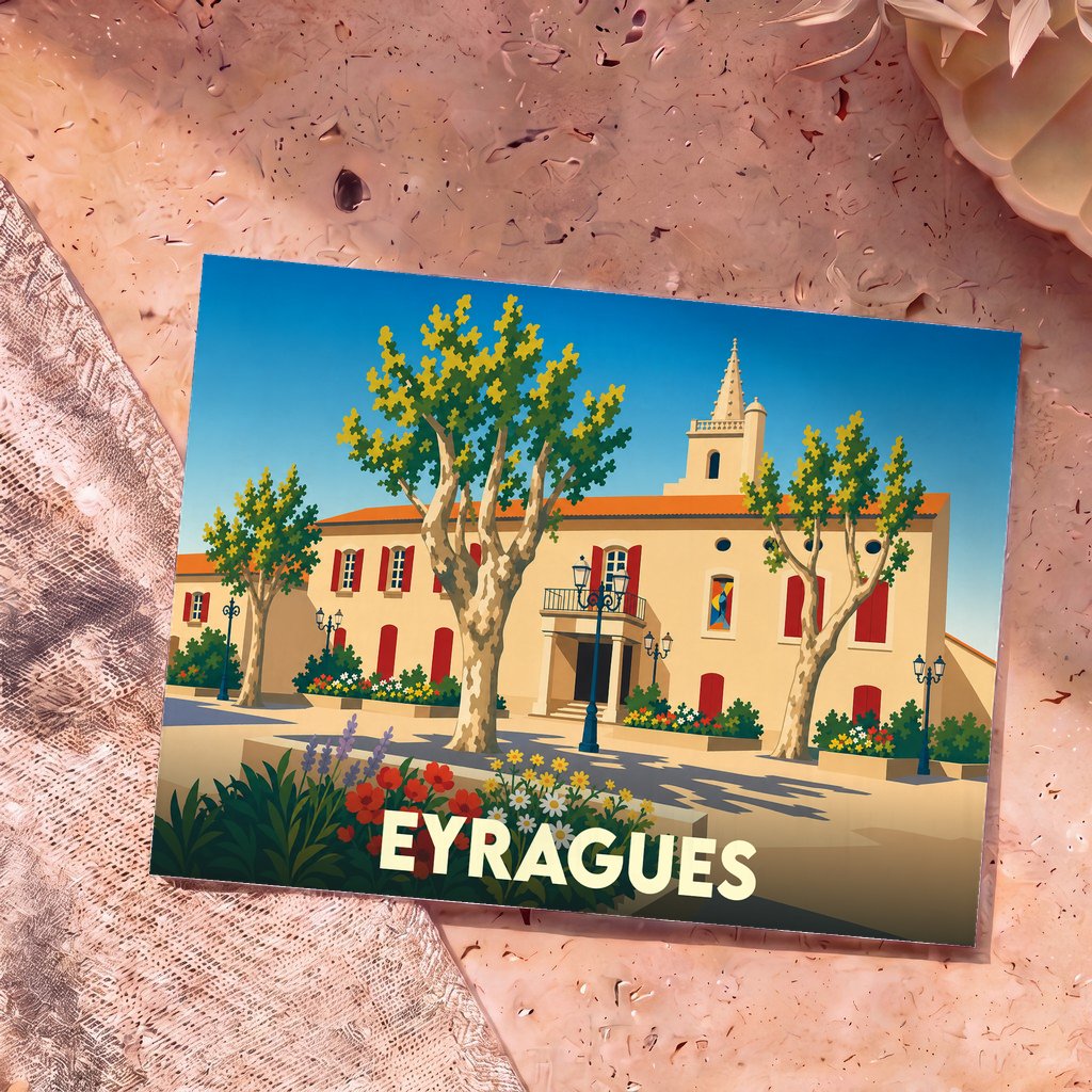 Carte postale souvenir de la ville d'Eyragues avec une illustration stylisée de sa mairie.