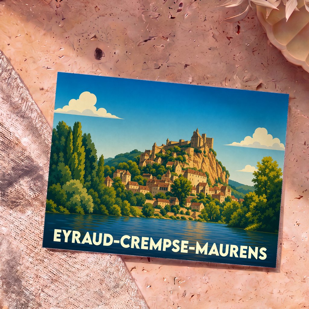 Carte postale souvenir de la ville d'Eyraud-Crempse-Maurens avec une illustration stylisée d'un village médiéval au bord de l'eau.