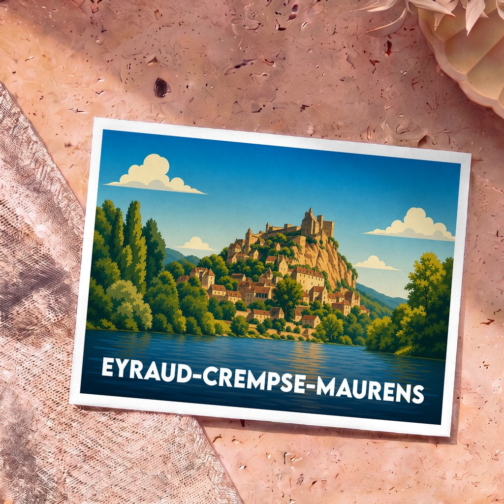 Carte postale souvenir de la ville d'Eyraud-Crempse-Maurens avec une illustration stylisée d'un village médiéval au bord de l'eau.