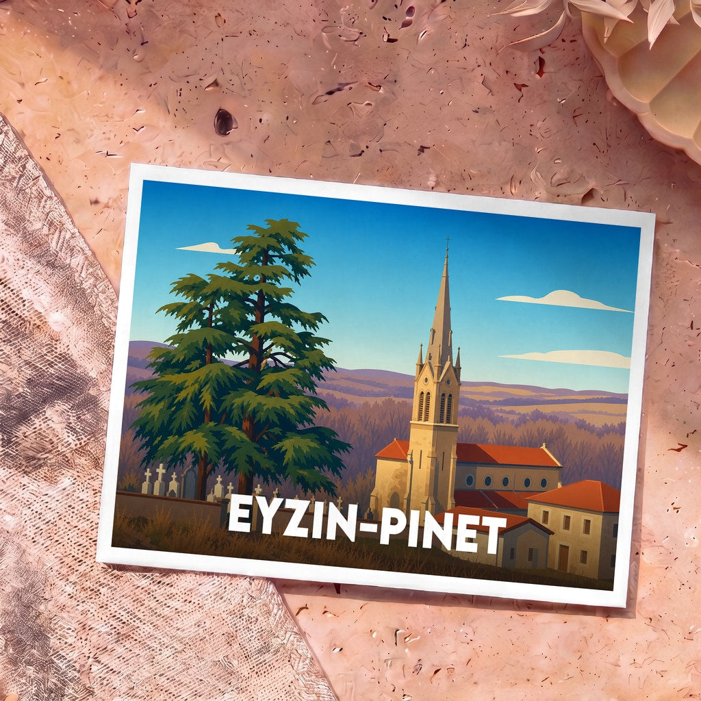 Carte postale souvenir de la ville d'Eyzin-Pinet avec une illustration stylisée de son église et de son paysage.