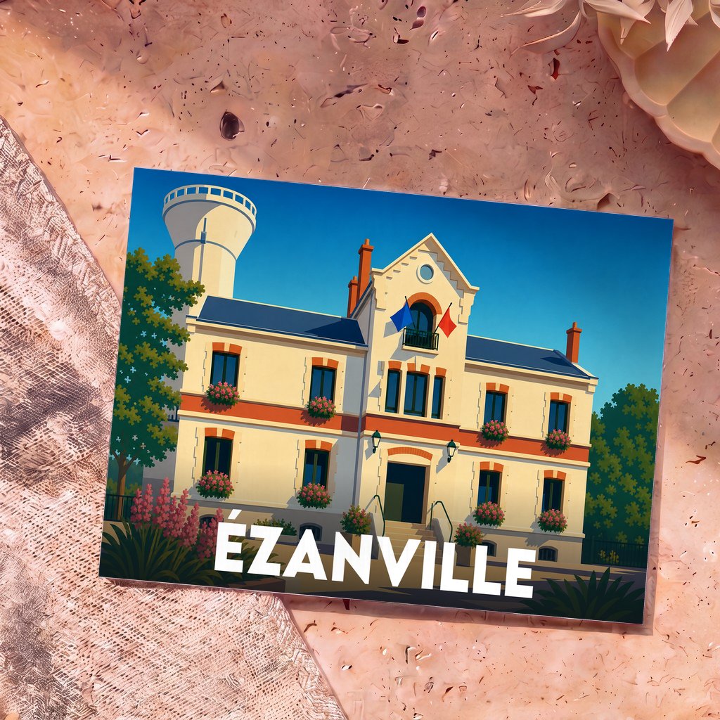 Carte postale souvenir de la ville d'Ézanville illustrant sa mairie au style architectural typique.