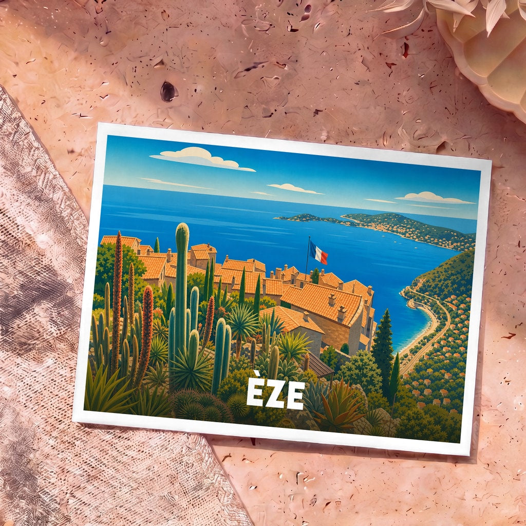 Carte postale souvenir de la ville d'Èze avec une illustration stylisée montrant le village, le jardin exotique et la mer.