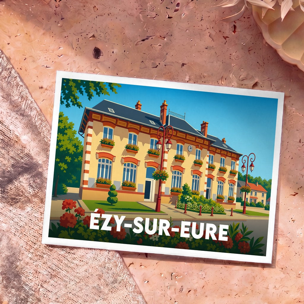 Carte postale souvenir de la ville de Ézy-sur-Eure avec une illustration stylisée de son hôtel de ville fleuri.