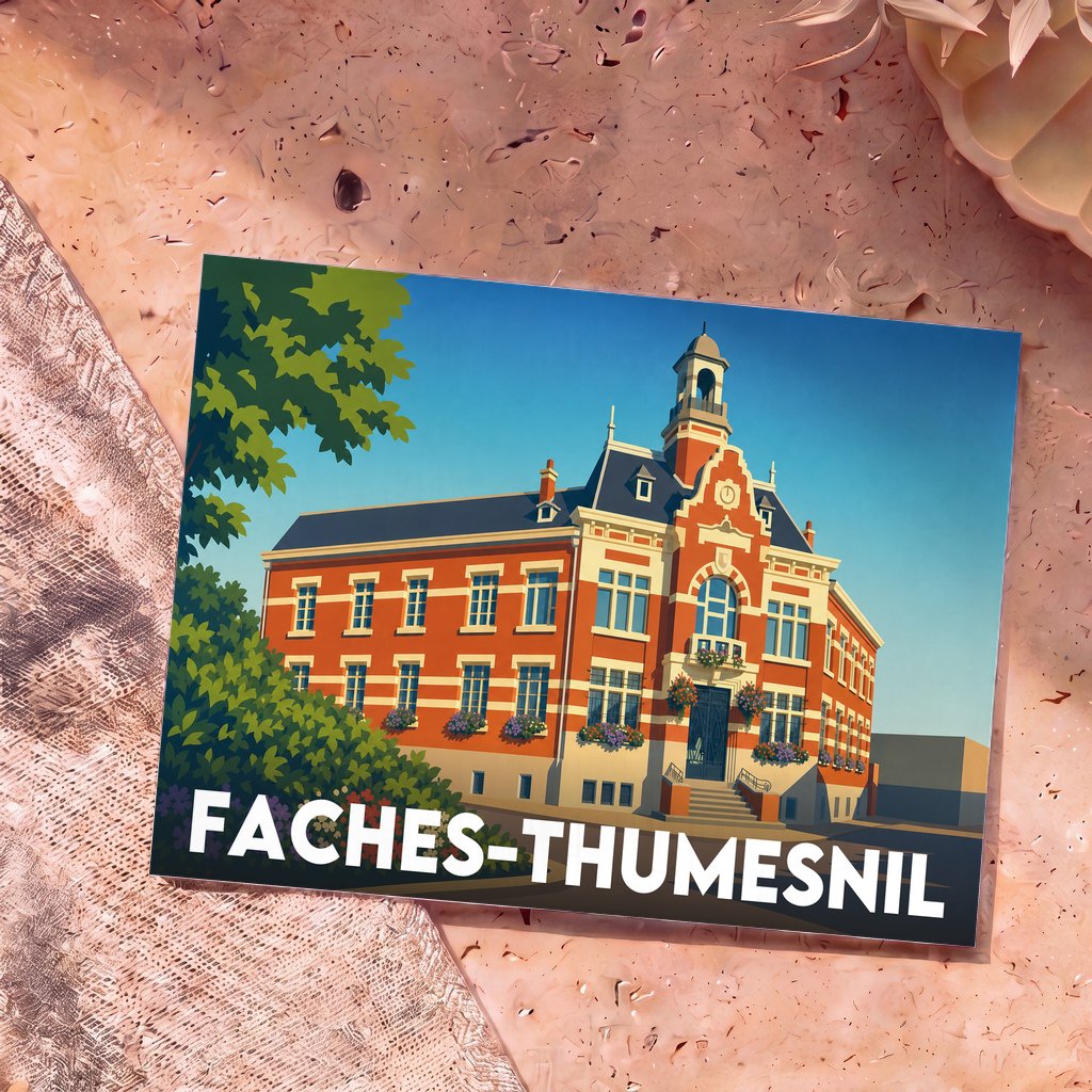 Carte postale souvenir de la ville de Faches-Thumesnil illustrant son hôtel de ville dans un style graphique épuré.