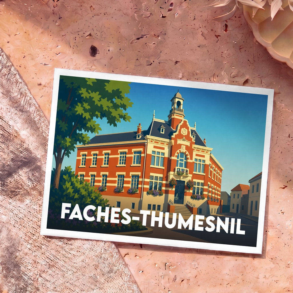 Carte postale souvenir de la ville de Faches-Thumesnil illustrant son hôtel de ville dans un style graphique épuré.
