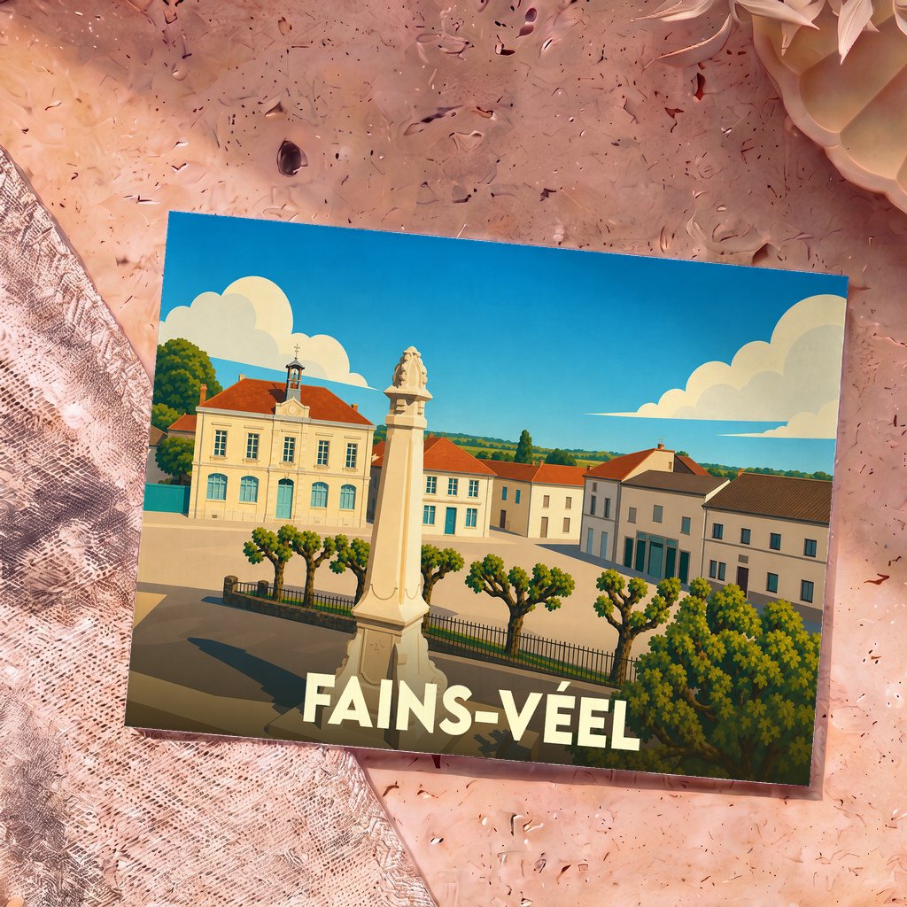 Carte postale souvenir de la ville de Fains-Véel avec une illustration stylisée de sa place principale.