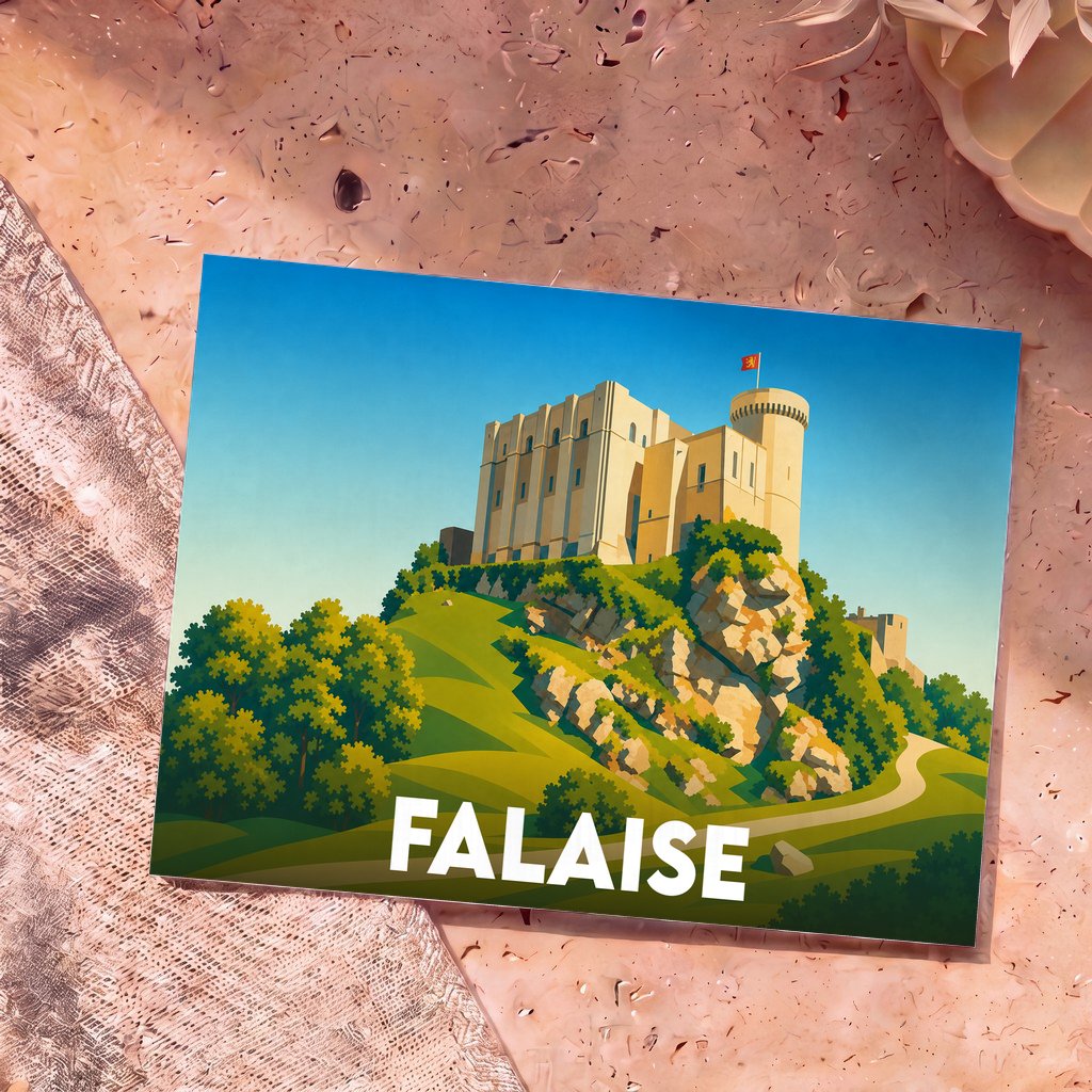 Carte postale souvenir de la ville de Falaise illustrant son château médiéval perché sur un éperon rocheux.
