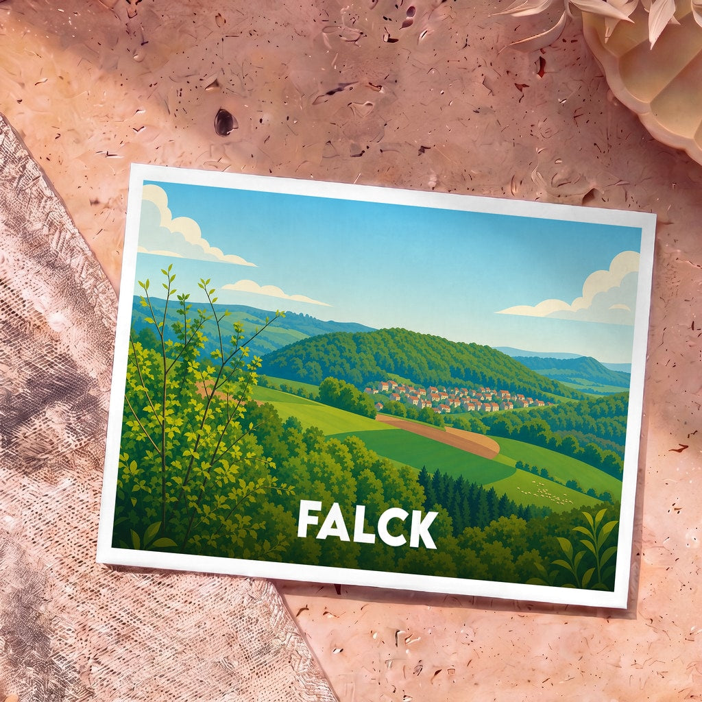 Carte postale souvenir de la ville de Falck avec une illustration stylisée de son paysage verdoyant.