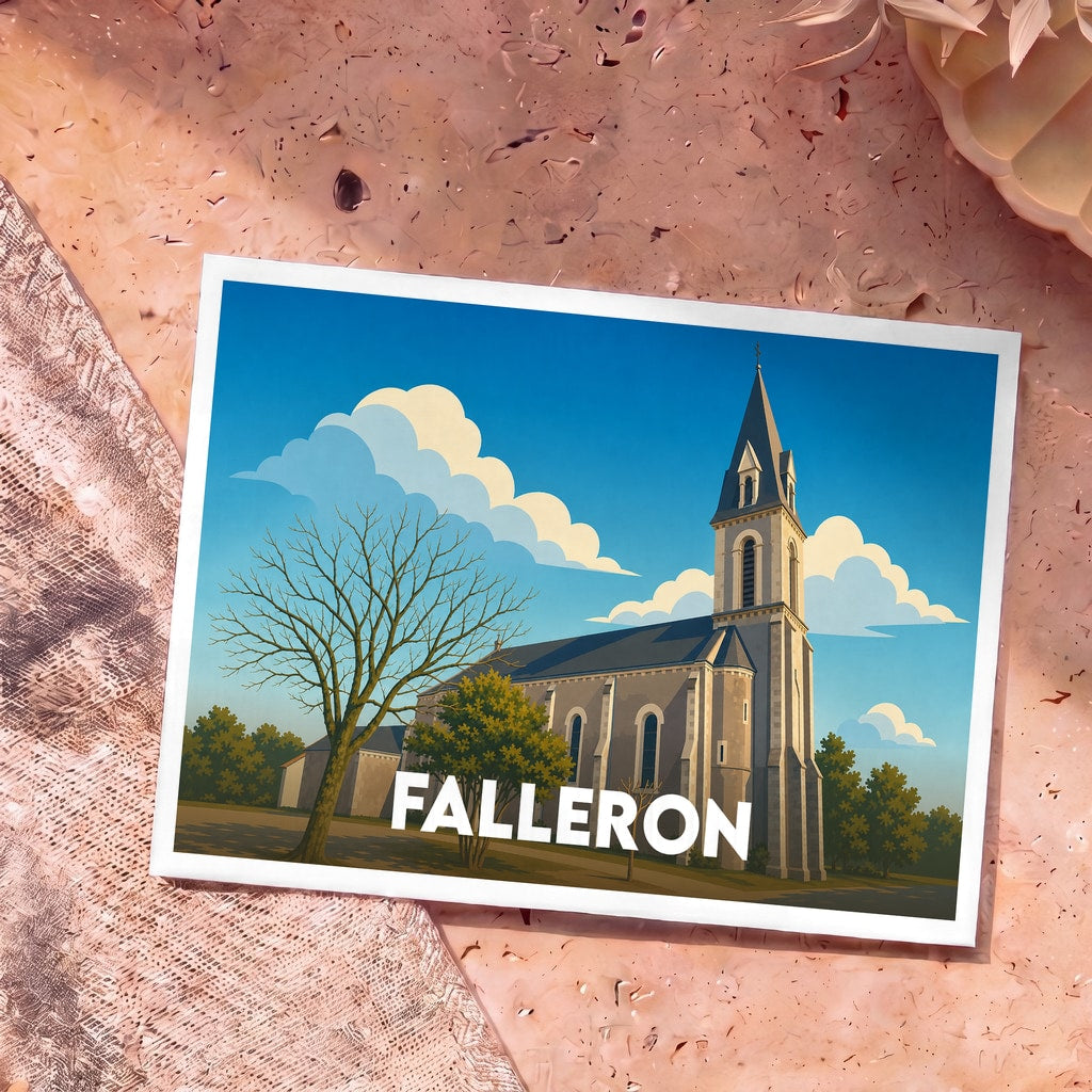 Carte postale souvenir de la ville de Falleron avec une illustration stylisée d'une église sous un ciel azur.