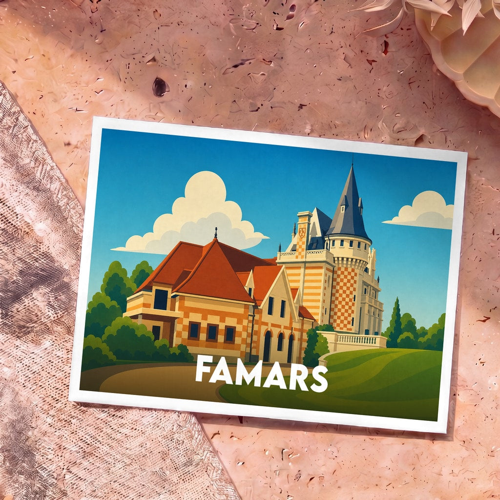 Carte postale souvenir de la ville de Famars avec une illustration stylisée de son château.