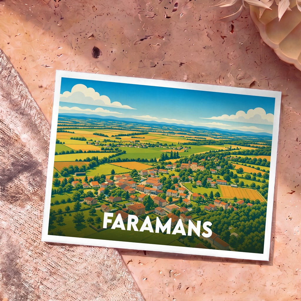 Carte postale souvenir de la ville de Faramans avec une illustration stylisée d'un paysage champêtre.