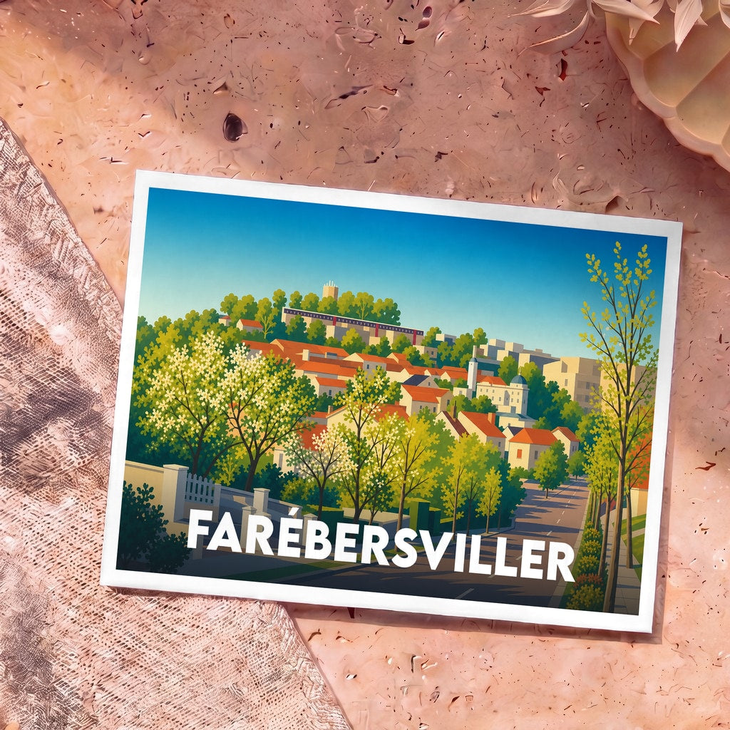 Carte postale souvenir de la ville de Farébersviller avec une illustration stylisée et colorée.