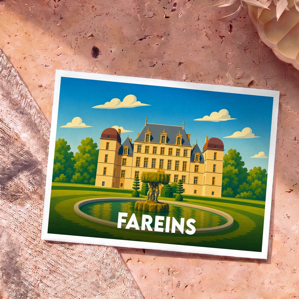 Carte postale souvenir de la ville de Fareins avec une illustration stylisée d'un château et de ses jardins.