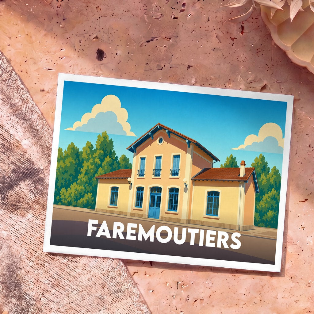 Carte postale souvenir de la ville de Faremoutiers illustrant son ancienne gare dans un style vintage et coloré.