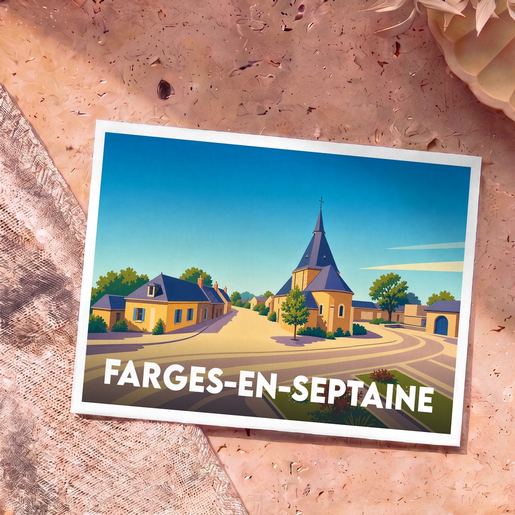Carte postale souvenir de la commune de Farges-en-Septaine avec une illustration stylisée de son église et de ses maisons.
