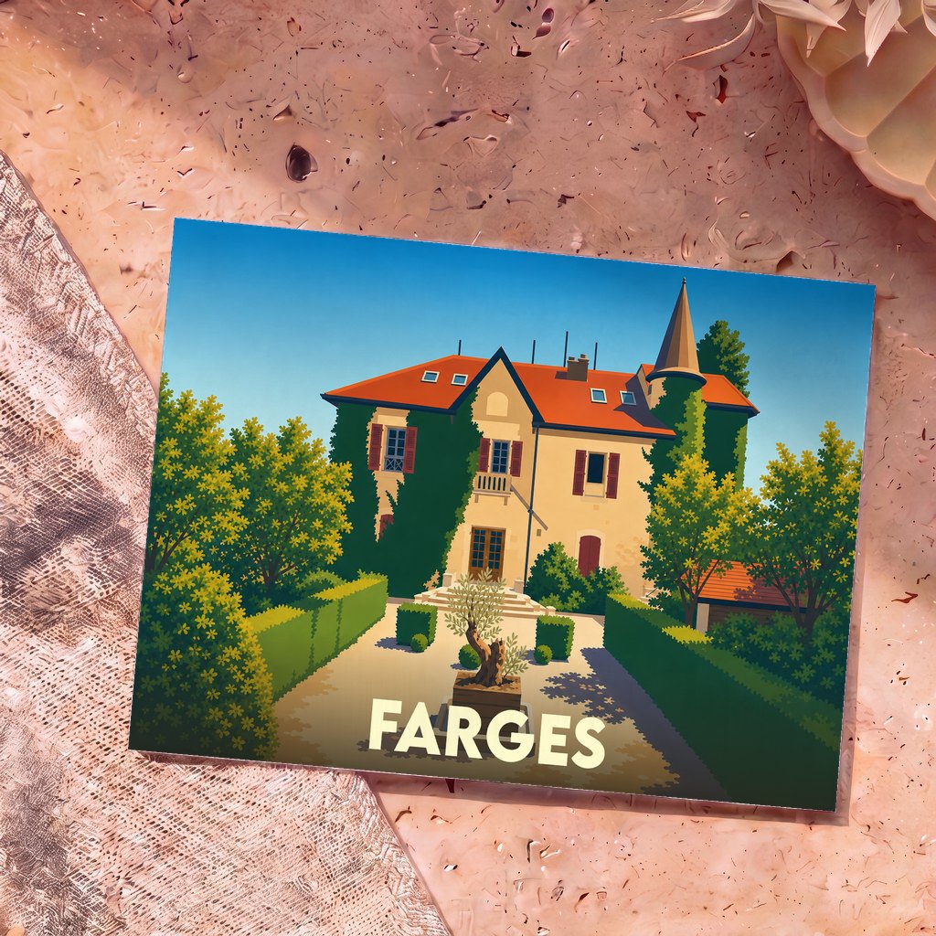 Carte postale souvenir de la ville de Farges avec une illustration stylisée d'une grande demeure provençale.