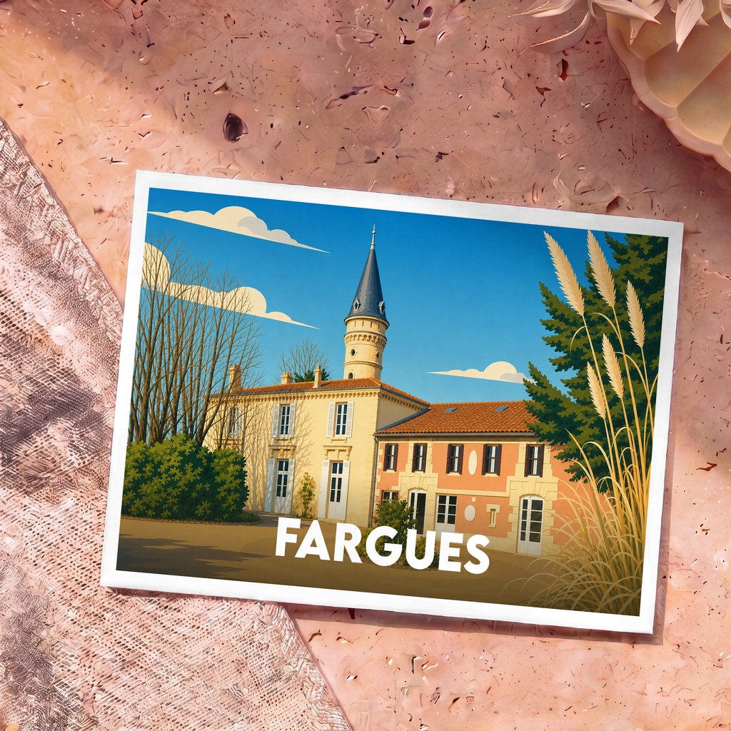 Carte postale souvenir de la ville de Fargues avec une illustration stylisée de son château.