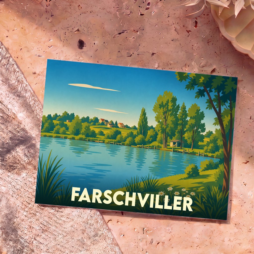 Carte postale souvenir de la ville de Farschviller avec une illustration stylisée d'un lac bordé de verdure.