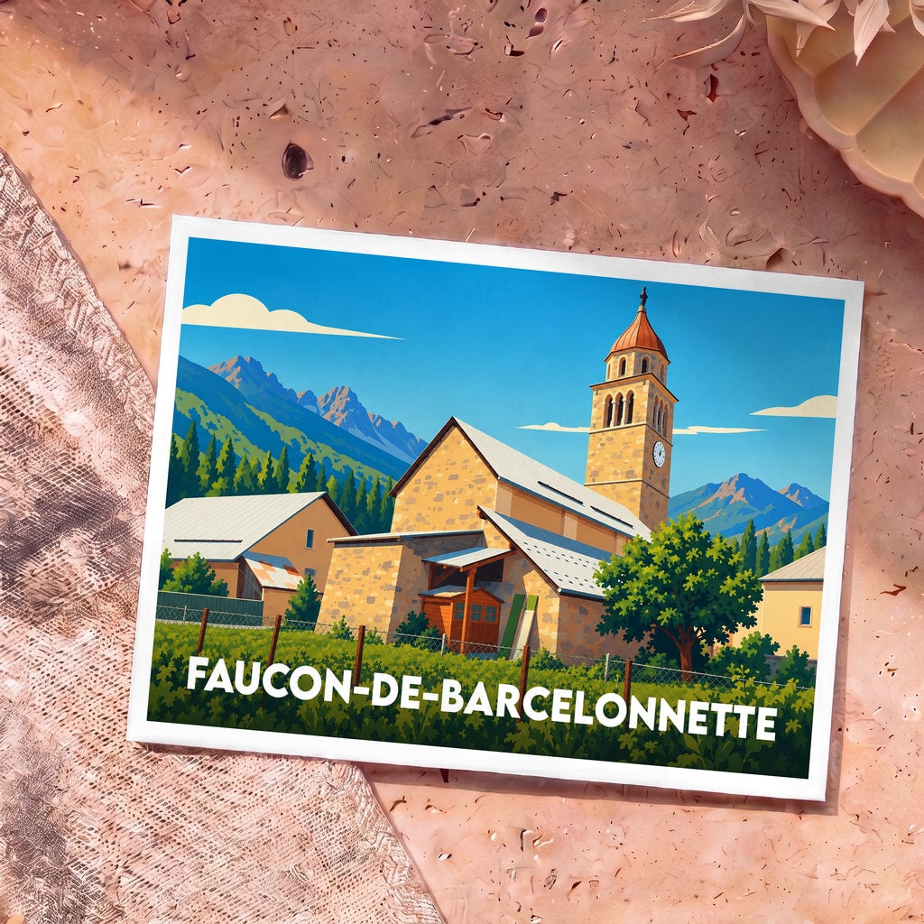 Carte postale souvenir de la ville de Faucon-de-Barcelonnette avec une illustration stylisée de son église et des montagnes.