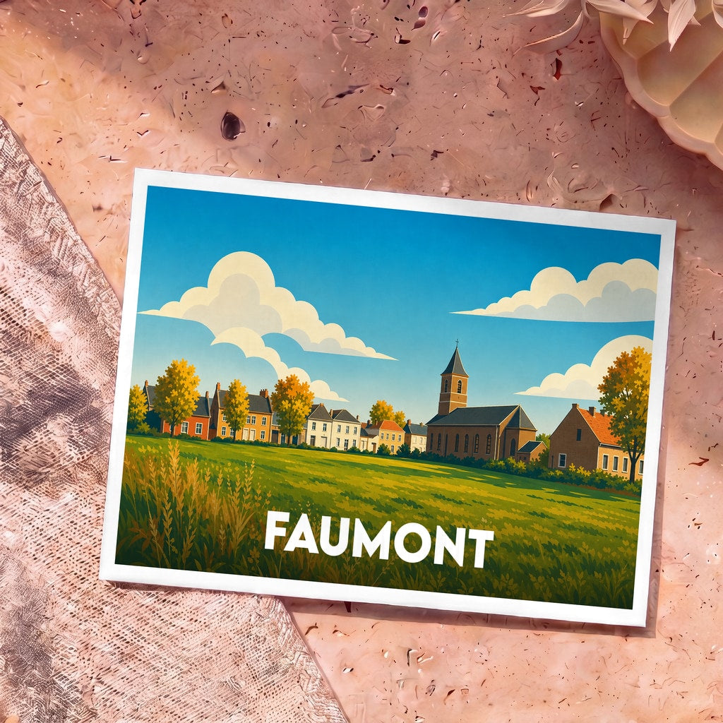 Carte postale souvenir de la ville de Faumont avec une illustration colorée et stylisée de son paysage.