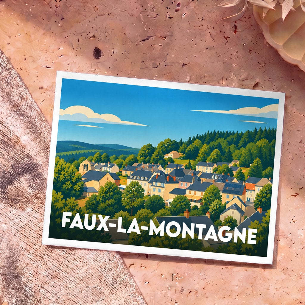 Carte postale souvenir de Faux-la-Montagne arborant une illustration stylisée et colorée du village niché dans la verdure.
