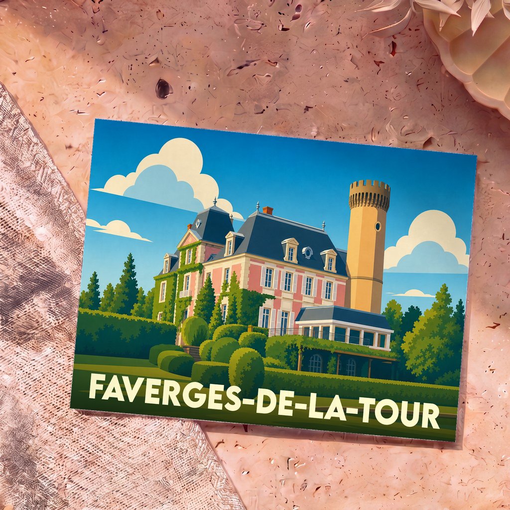 Carte postale souvenir de Faverges-de-la-Tour représentant son château et sa tour avec une illustration stylisée.