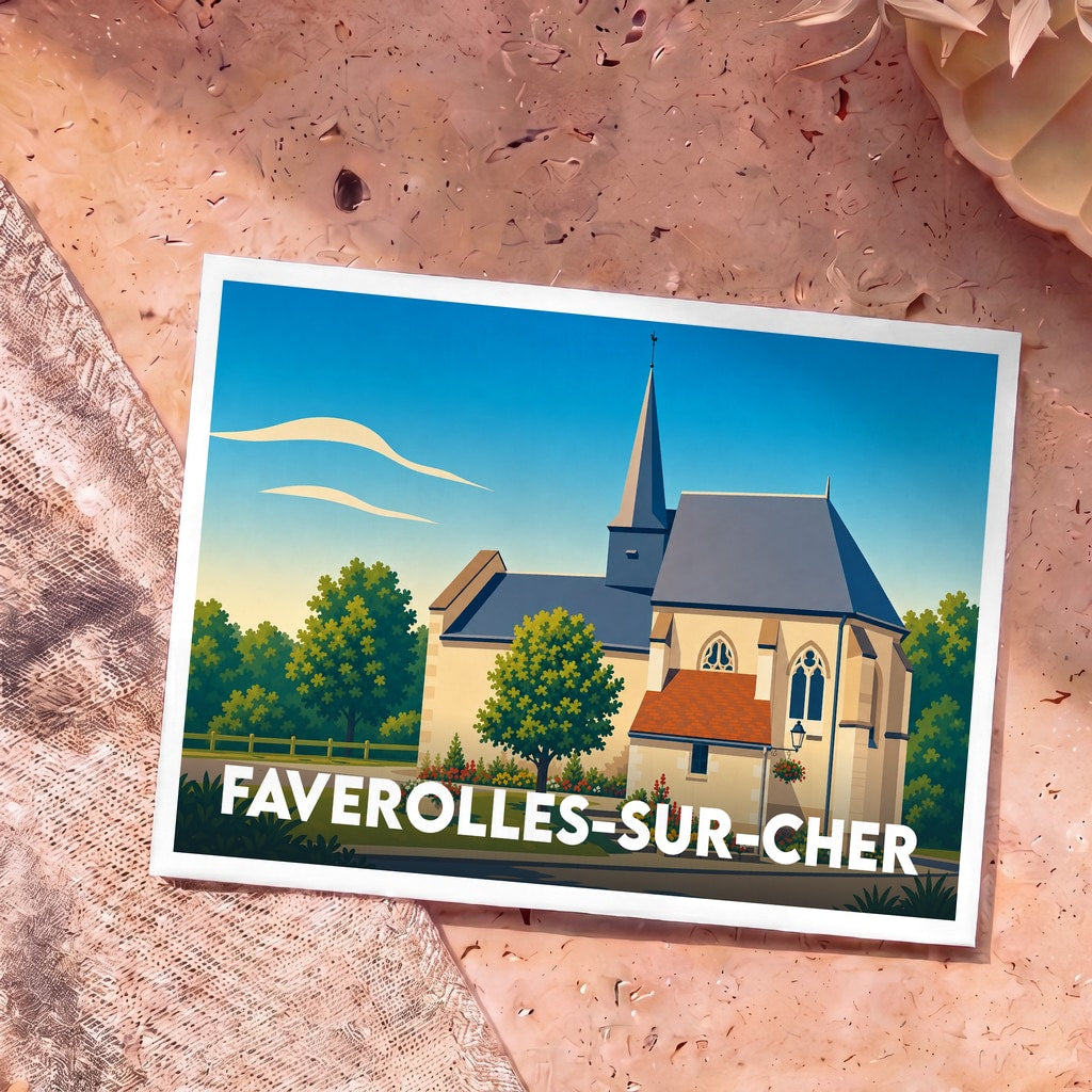 Carte postale souvenir de la ville de Faverolles-sur-Cher avec une illustration stylisée de son église.