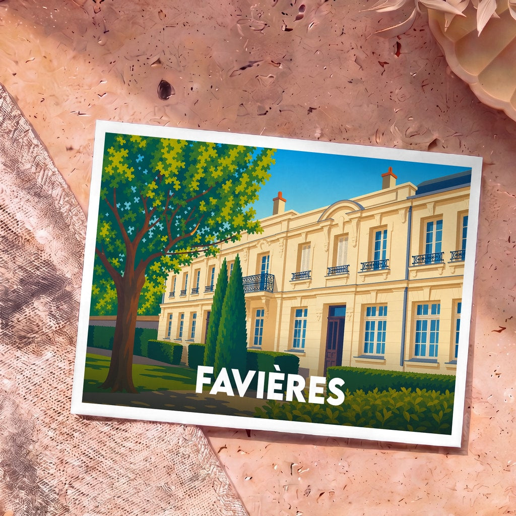 Carte postale souvenir de la ville de Favières avec une illustration stylisée d'un bâtiment élégant et d'un jardin.