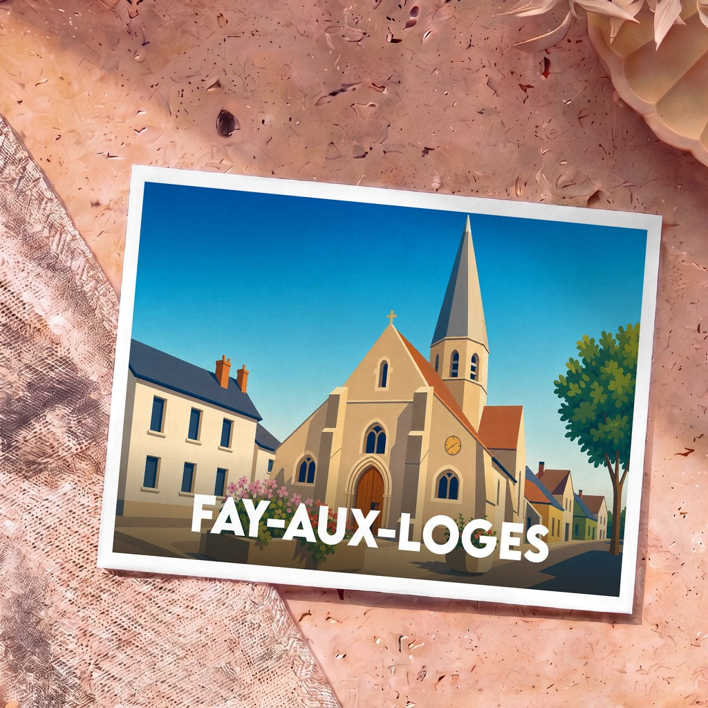 Carte postale souvenir de la ville de Fay-aux-Loges avec une illustration stylisée de son église.