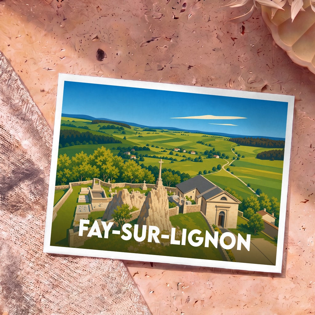 Carte postale souvenir de la ville de Fay-sur-Lignon avec une illustration stylisée de son paysage et de son église.