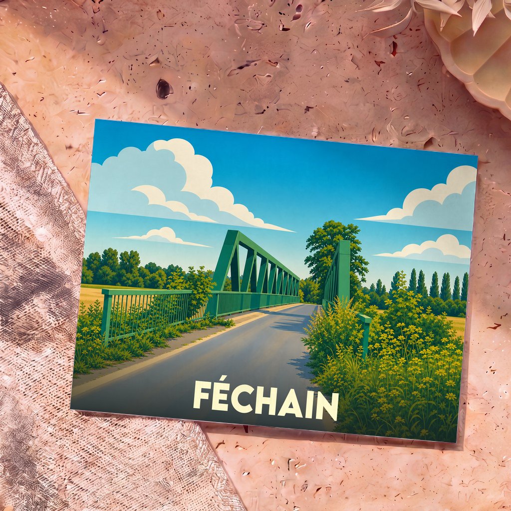 Carte postale souvenir de la ville de Féchain illustrant un pont vert dans un paysage verdoyant au style graphique épuré.