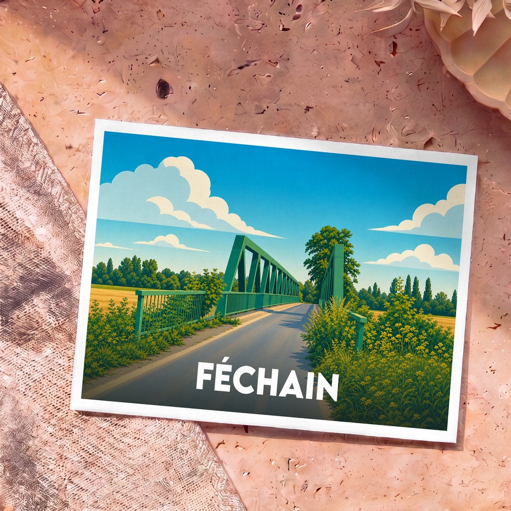 Carte postale souvenir de la ville de Féchain illustrant un pont vert dans un paysage verdoyant au style graphique épuré.