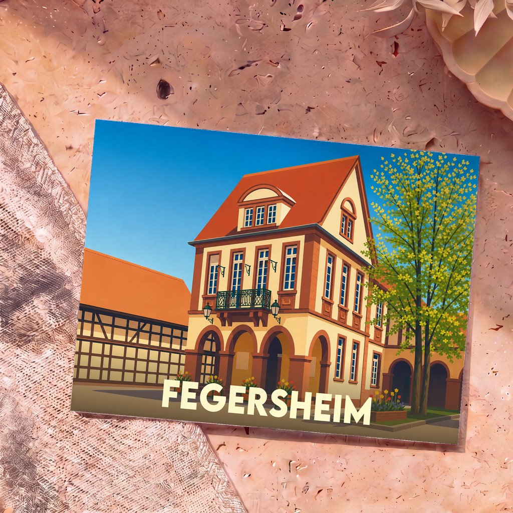 Carte postale souvenir de la ville de Fegersheim avec une illustration stylisée de son architecture traditionnelle.