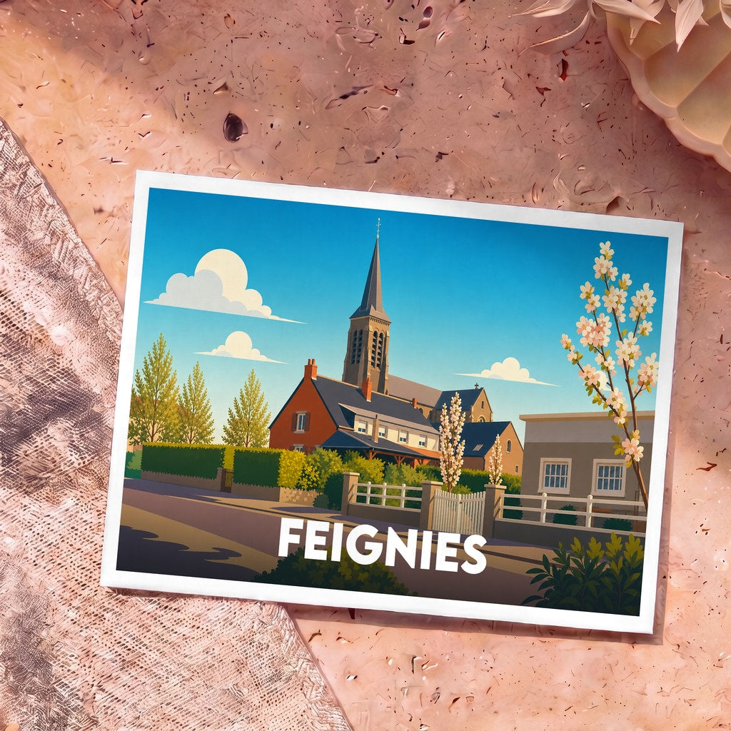 Carte postale souvenir de la ville de Feignies avec une illustration stylisée d'un village ensoleillé.