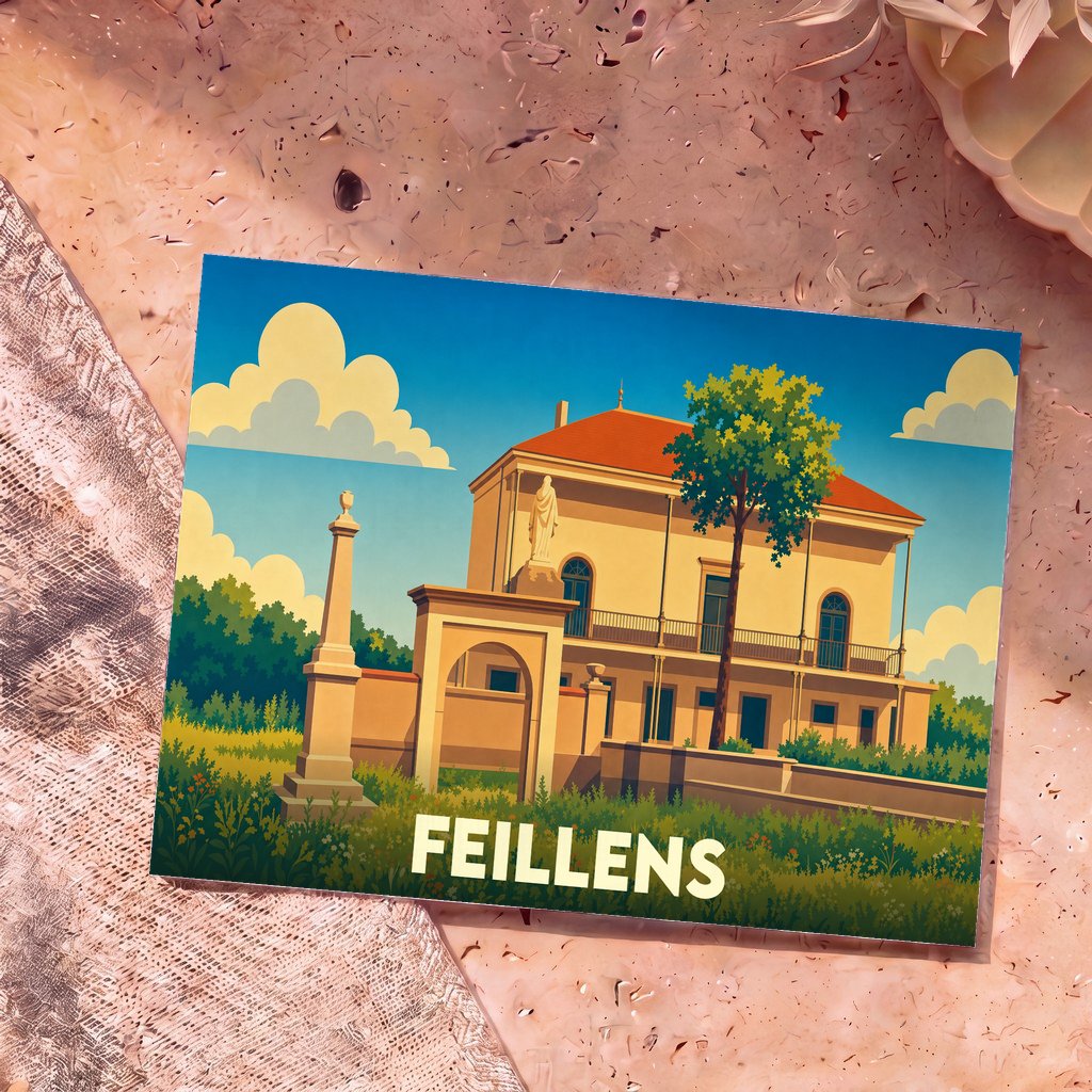 Carte postale souvenir de la ville de Feillens avec une illustration stylisée d'un bâtiment historique sous un ciel ensoleillé.