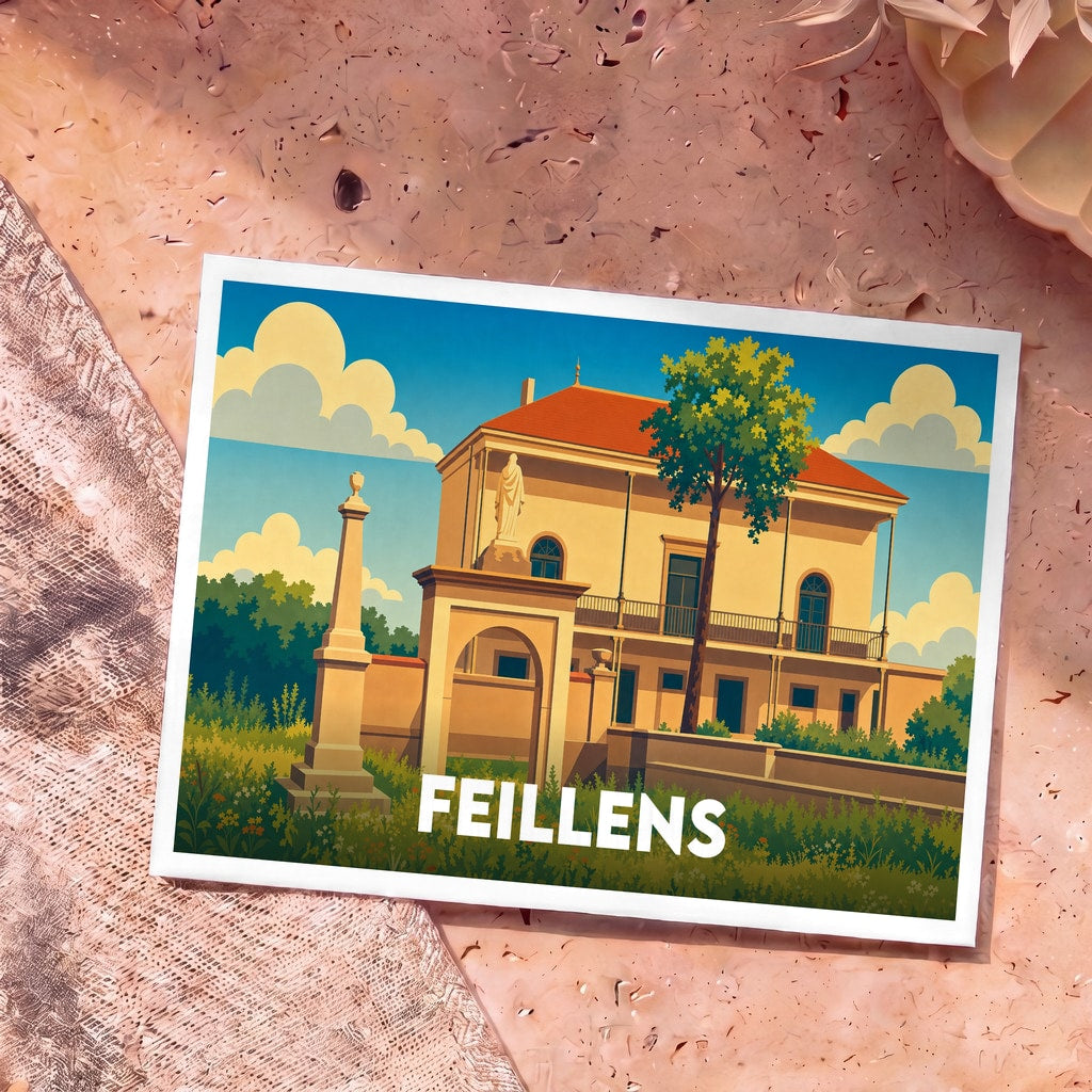 Carte postale souvenir de la ville de Feillens avec une illustration stylisée d'un bâtiment historique sous un ciel ensoleillé.