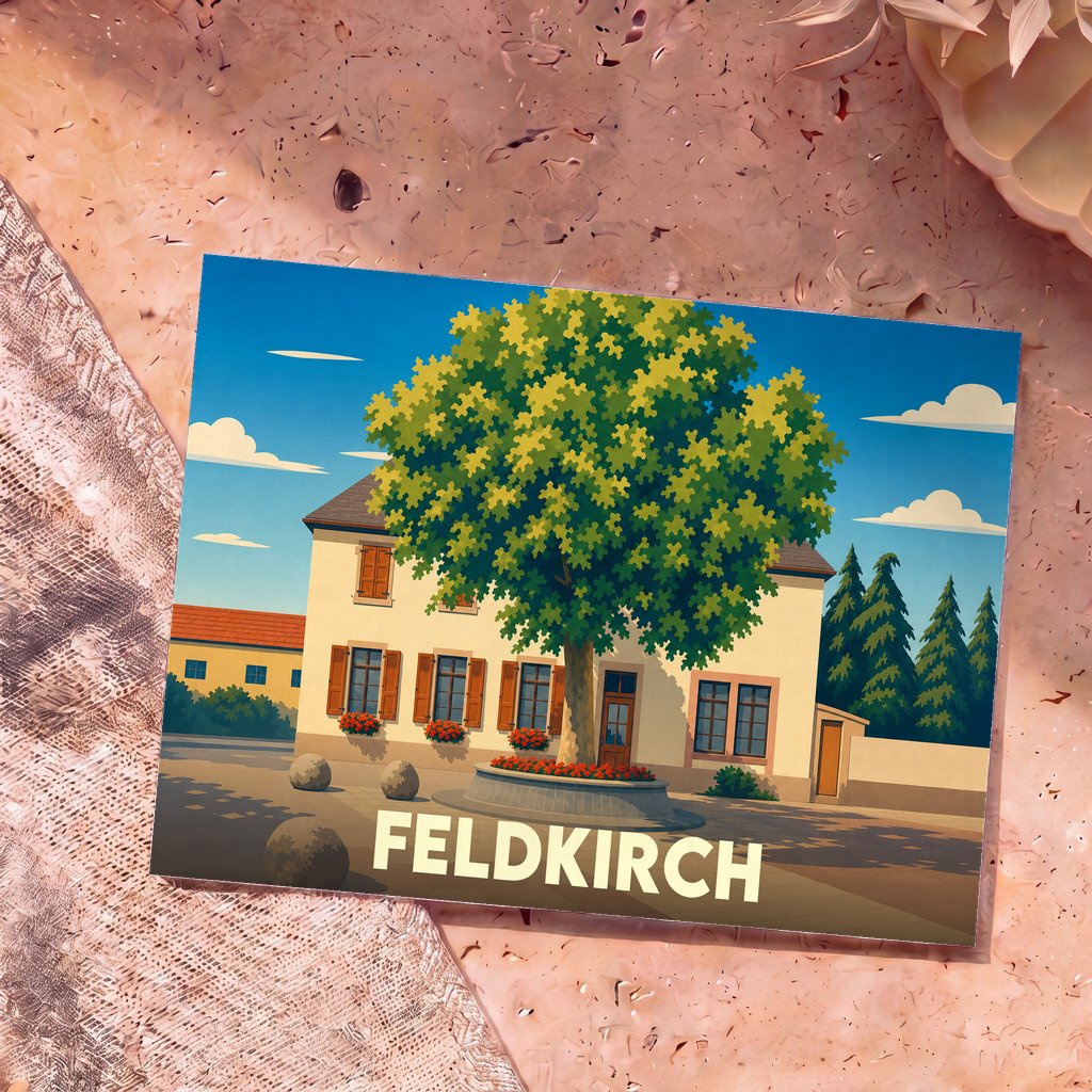 Carte postale souvenir de la ville de Feldkirch avec une illustration stylisée d'une place arborée.