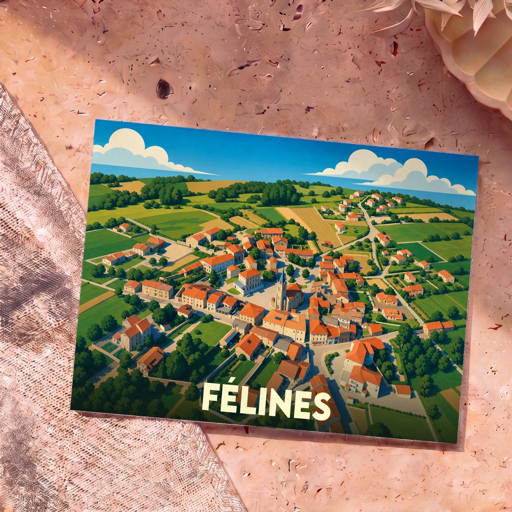 Carte postale souvenir de la ville de Félines avec une vue aérienne stylisée et colorée.