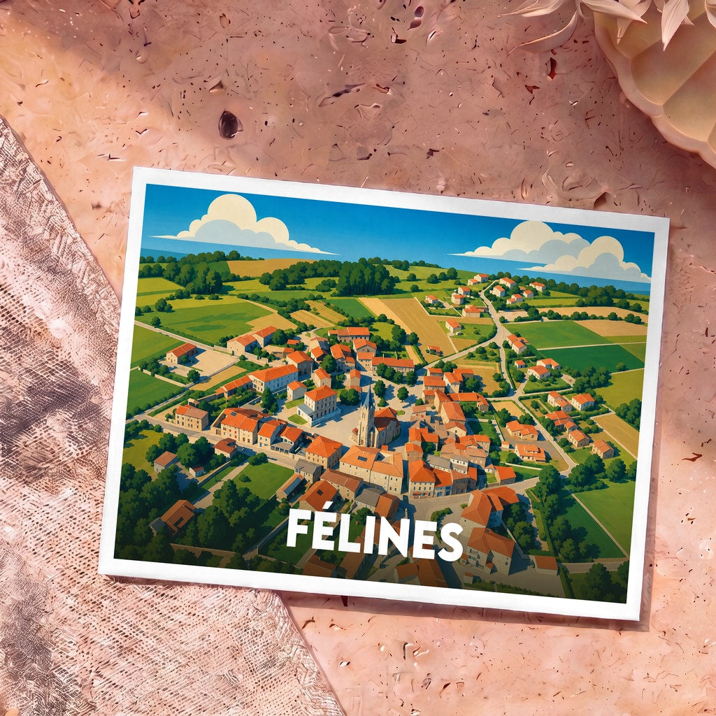 Carte postale souvenir de la ville de Félines avec une vue aérienne stylisée et colorée.