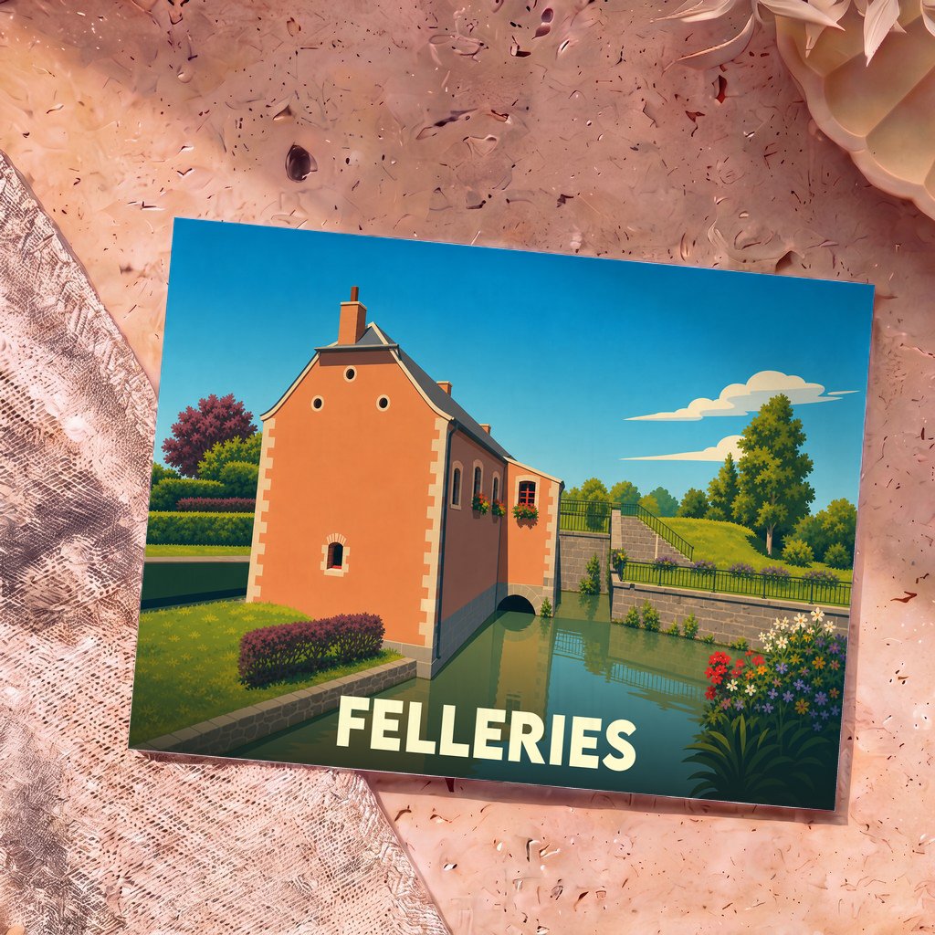 Carte postale souvenir de la ville de Felleries illustrant un ancien moulin au bord de l'eau dans un style graphique épuré.