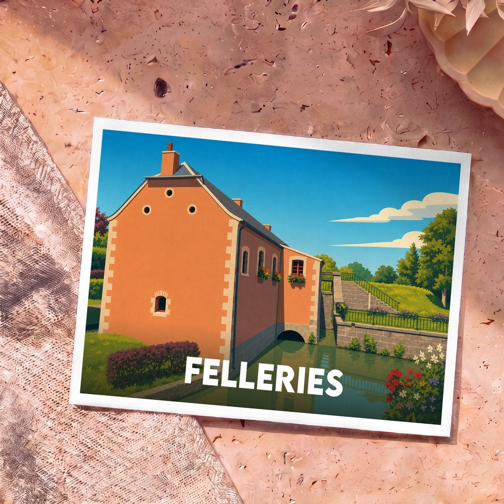 Carte postale souvenir de la ville de Felleries illustrant un ancien moulin au bord de l'eau dans un style graphique épuré.