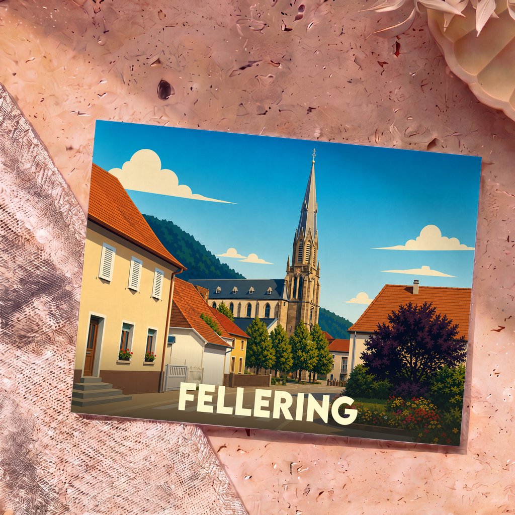 Carte postale souvenir de la ville de Fellering avec une illustration stylisée de son église et de ses maisons alsaciennes.