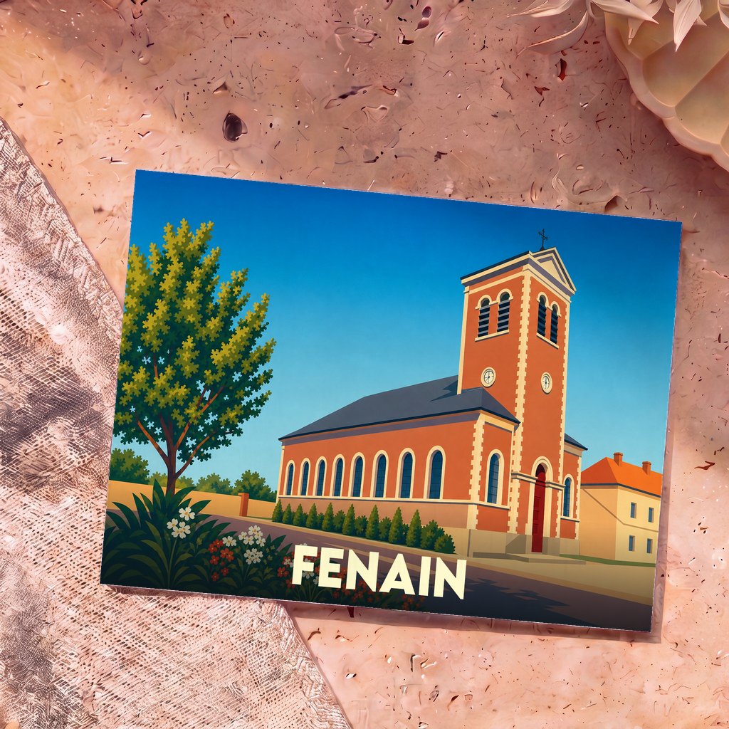 Carte postale souvenir de la ville de Fenain avec une illustration stylisée de son église.