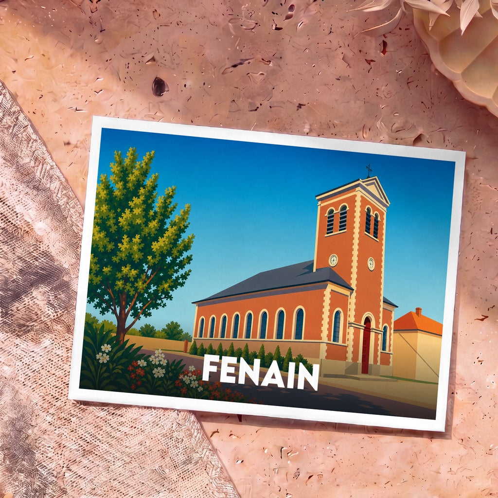 Carte postale souvenir de la ville de Fenain avec une illustration stylisée de son église.