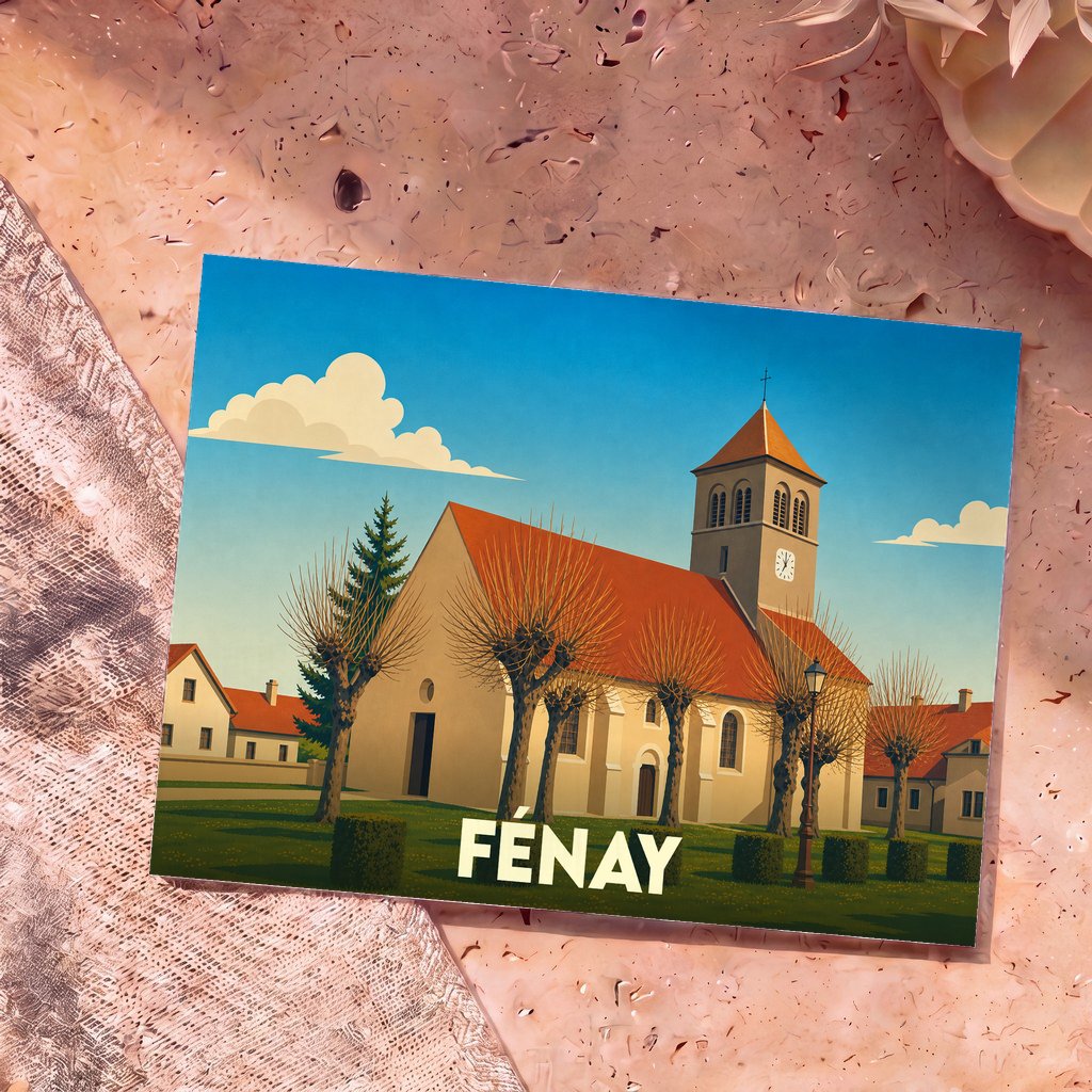 Carte postale souvenir de la ville de Fénay avec une illustration stylisée de son église.