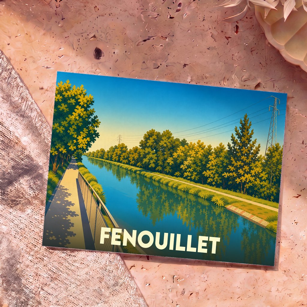 Carte postale souvenir de la ville de Fenouillet illustrant le canal du Midi dans un style graphique épuré.