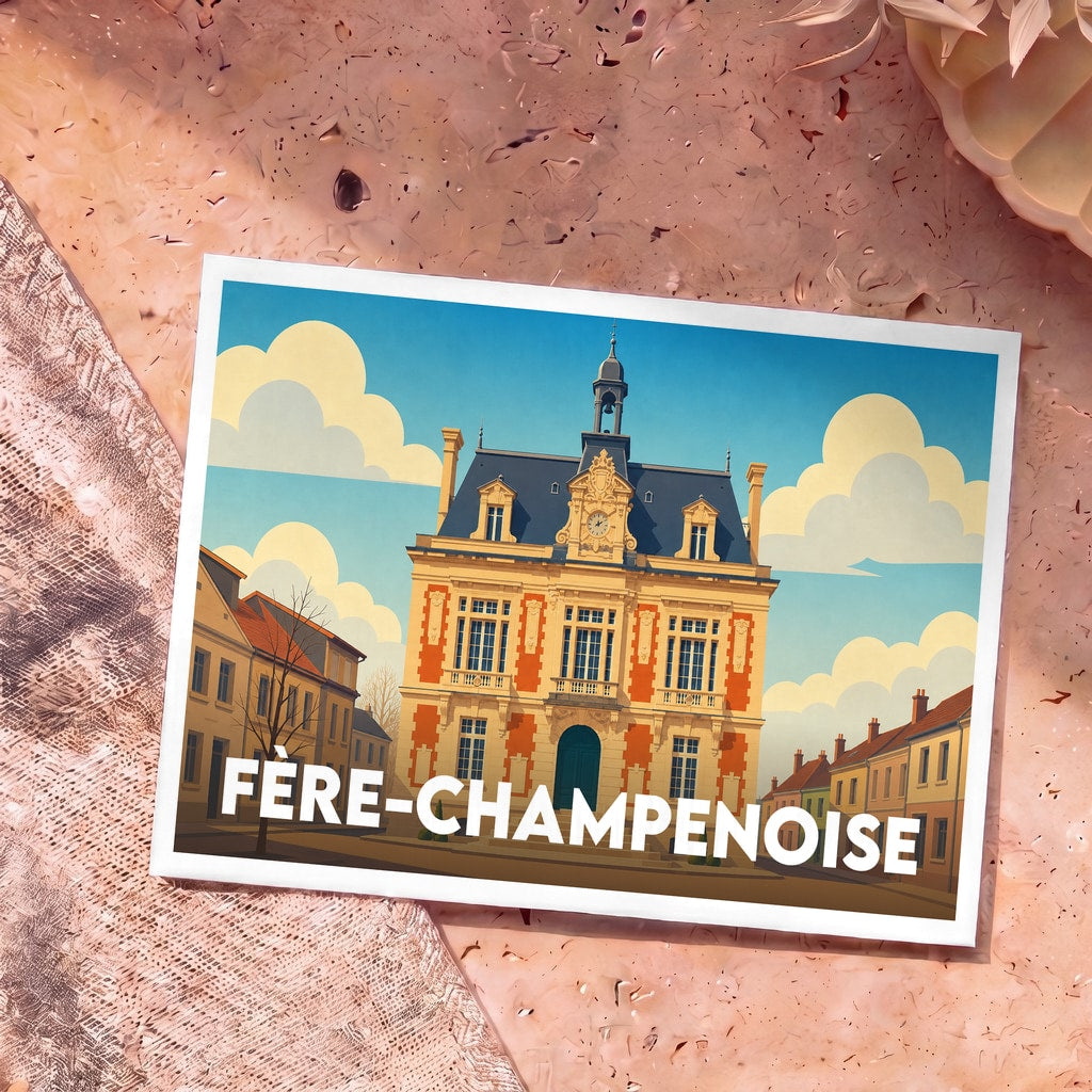 Carte postale souvenir de la ville de Fère-Champenoise avec une illustration stylisée de son hôtel de ville.
