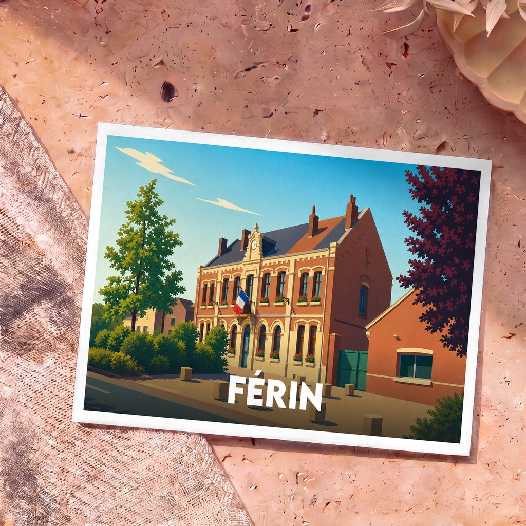 Carte postale souvenir de la ville de Férin avec une illustration stylisée de l'hôtel de ville.