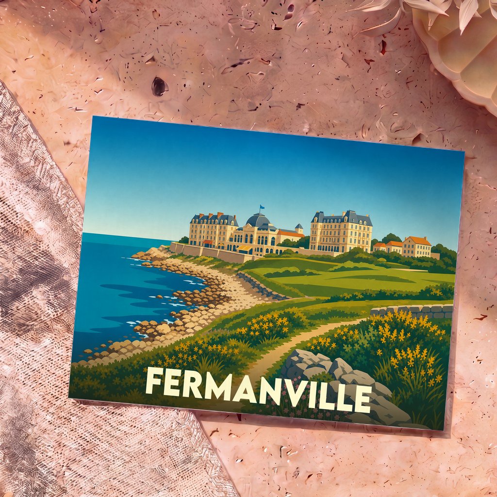 Carte postale souvenir de la ville de Fermanville avec une illustration stylisée de sa côte littorale.